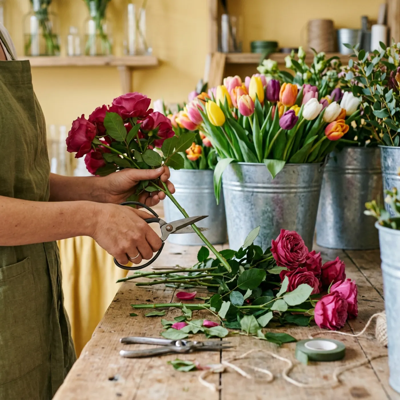 Hands trimming rose stems with florist scissors