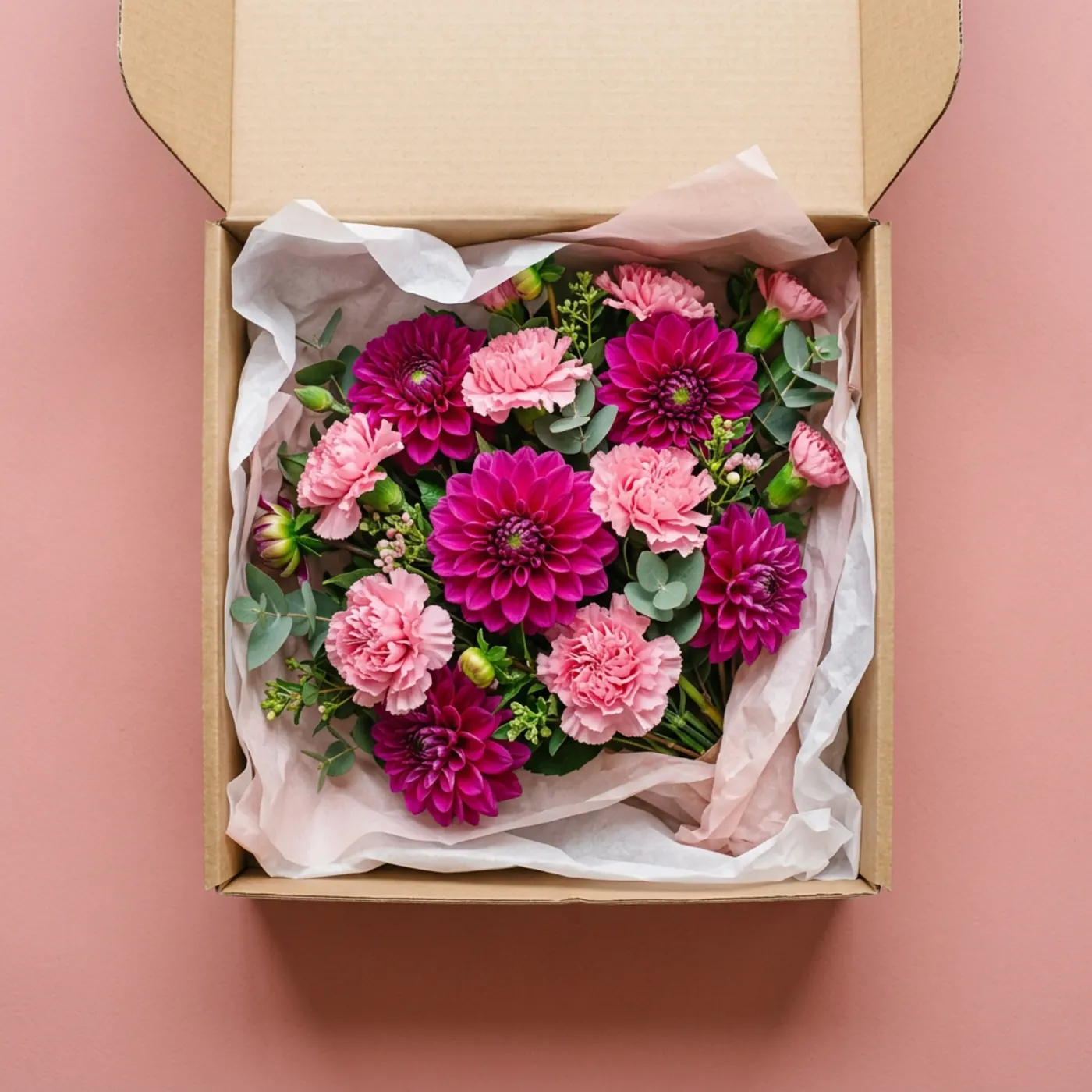 Magenta dahlias and pink carnations boxed in tissue paper